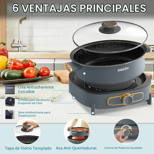 Vista 4 de Dezin Olla eléctrica Shabu Shabu con olla extraíble, olla caliente antiadherente de 5 L con control de potencia múltiple, olla eléctrica de 3.7 A