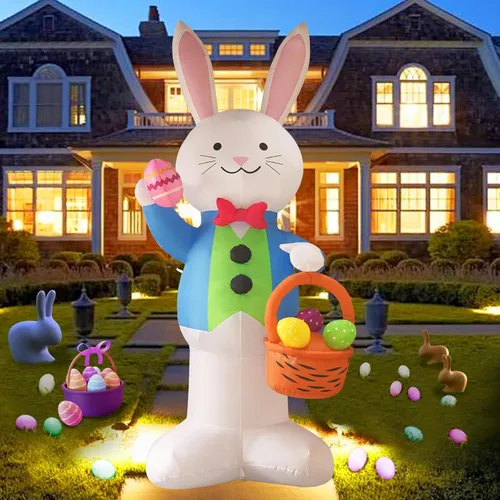 Vista 8 de [Usado] Conejo de 5 pies con una cesta de flores, decoración inflable de Pascua para patio, conejo de Pascua inflable con cesta iluminada