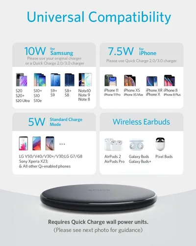 Vista 2 de Anker - Cargador inalámbrico 313 (almohadilla), certificado Qi, carga rápida máxima de 10 W para Samsung, compatible con iPhone 16 Plus/15 Plus/14