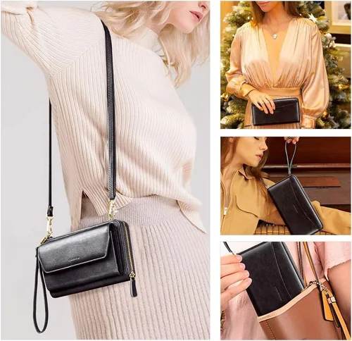 Vista 2 de nuoku Cartera RFID para mujer, bolso cruzado con cremallera alrededor de 2 correas