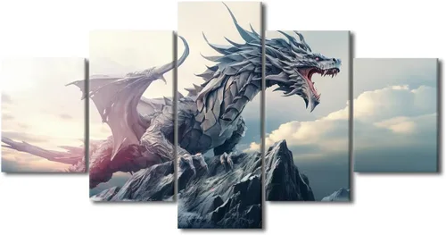 Vista 98 de Lienzo decorativo para pared de sala de estar, lienzo de dragón, 5 paneles, dragón verde, decoración de pared para el hogar, decoración de pared