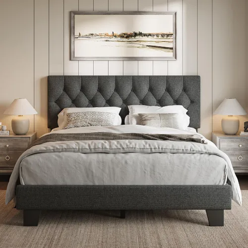 Vista 9 de iPormis Marco de cama tapizada de tamaño completo con cabecera capitoné con botones, plataforma de lino con patas de soporte engrosadas, sin