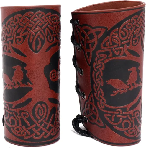 Vista 4 de GORGECRAFT 2 brazaletes vikingos para hombre, brazaletes de cuero renacentista, armadura medieval con guantelete en relieve, joyería de guantelete