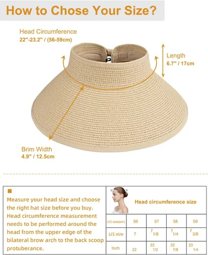 Vista 6 de MAYLISACC Viseras solares plegables de paja para mujer, protección solar de ala ancha, sombrero de playa ajustable en topless