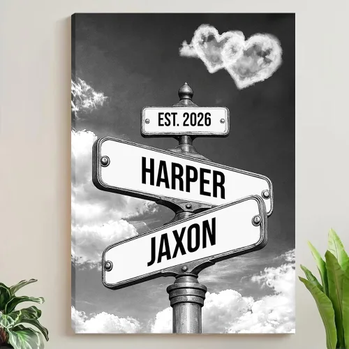 Vista 9 de Señal de calle vintage personalizada para parejas en lienzo, nombres y fecha personalizados, regalos de Navidad para ella o él, regalo del Día