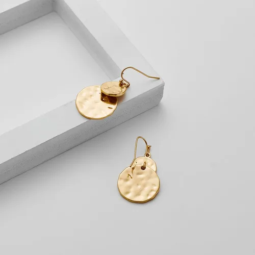 Vista 4 de Pendientes colgantes de disco martillado en oro antiguo estilo boho con joyería de dos tonos para regalo