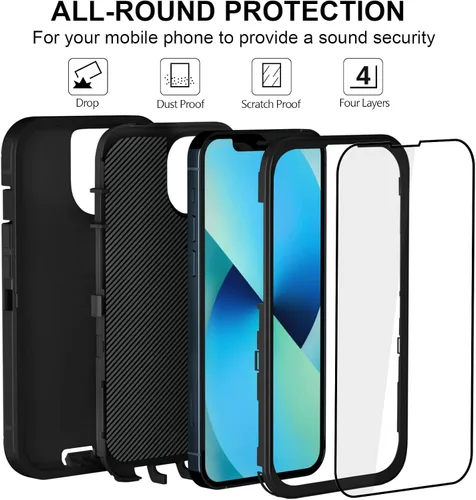 Vista 5 de Funda para iPhone 13 Funda 6.1" con Soporte Plegable y Clip para Cinturón con 2 Protectores de Pantalla + 2 Protectores de Lente de Cámara, Cubierta