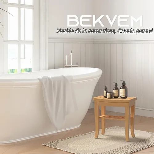 Vista 4 de Banco de ducha de bambú, taburete de ducha pequeño de spa para ducha interior, impermeable, asiento de baño con estante de almacenamiento