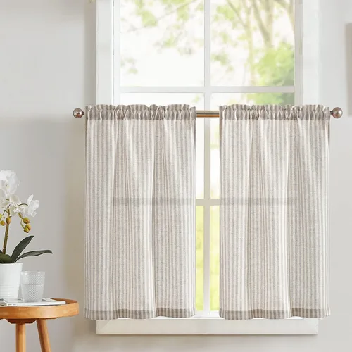 Vista 24 de Cortinas de cocina estilo granja a rayas Vangao de 24 pulgadas de largo, cortinas de lino para café, cortinas de nivel con rayas, cortinas Boxter