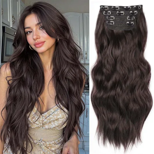 Vista 19 de 4 piezas de extensiones de cabello rizado con clip, color dorado oscuro, mezcla de rubio beige, sintético de 20 pulgadas de largo, extensiones