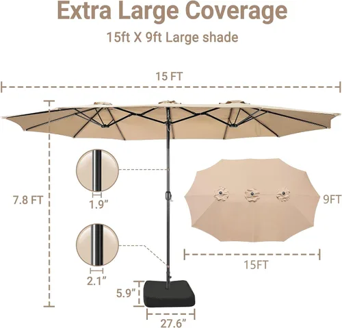 Vista 54 de Sombrilla de doble cara para patio de 15 x 9 pies con base y manivela, sombrilla rectangular extragrande para patio, césped y jardín, beige