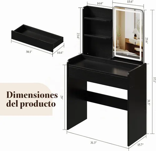 Vista 2 de Memobarco Escritorio de maquillaje pequeño negro con cajón y estantes de almacenamiento