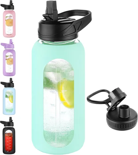 Vista 9 de EALGRO Botella de agua de vidrio de 32 onzas con popote y asa, frasco de agua motivacional deportivo con funda de silicona, taza grande a prueba