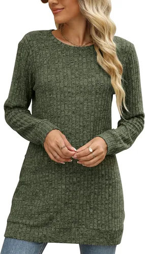 Vista 6 de Auremore Suéteres para mujer, manga larga, cuello redondo, sueltos, casuales, túnica