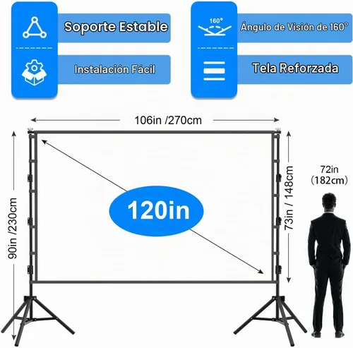 Vista 6 de Pantalla de proyector para exteriores con soporte, pantalla de proyector grande portátil de 120 pulgadas con soporte resistente, pantalla
