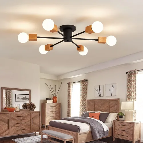 Vista 6 de Lámpara de techo de madera semiempotrada, 6 luces, lámpara Sputnik de madera rústica, iluminación de techo estilo granja, roble y negro con E26