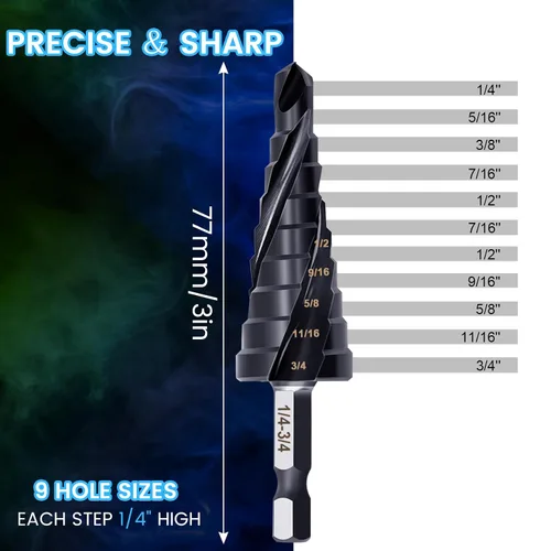 Vista 2 de Hakkin M35 Cobalt Unibit - Broca escalonada para metal de 1/4 a 3/4 pulgadas, con revestimiento de titanio, juego de tres brocas en espiral y punzón