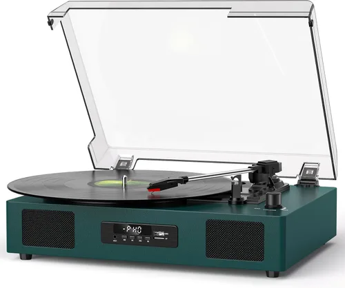 Vista 15 de Tocadiscos de vinilo Bluetooth con dos altavoces incorporados, grabación USB, transmisión por correa, 3 velocidades, tocadiscos para discos