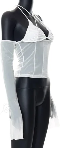 Vista 5 de SansoiSan Womens Hollow Out Sexy Mesh Patchwork Crop Camis Long Sleeve T-Shirt Tops