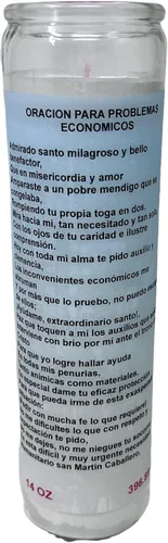 Vista 3 de Veladora de rezo San Martín Caballero oración al reverso en español para problemas económicos 14 oz vaso grande una pieza Blanca sin esencia