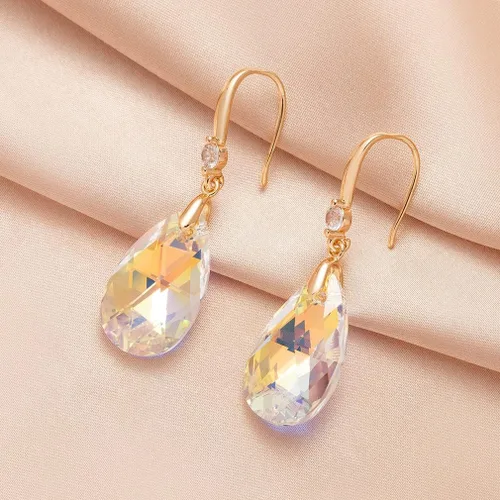 Vista 5 de Aretes colgantes de lágrima de cristal austriaco para mujer, chapados en oro de 14 quilates, hipoalergénicos, regalos de joyería para mujeres