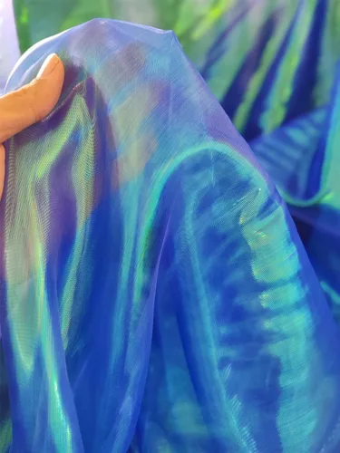 Vista 28 de Tela de encaje de organza con gradiente láser arcoíris mágico, tela de gasa holográfica iridescente para vestido de novia, cortina, fondo, fiesta