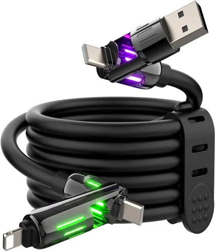 Vista 21 de MFish Cable de carga USB 4 en 1 con funda de transporte, cable de carga rápida de 240 W, USB-A y USB-C dual a USB-C/Lightning, para iPhone Negro