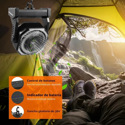Vista 6 de Ventilador de camping de 20000 mAh, recargable, funciona con batería con gancho giratorio de 360°, luz de 400 lúmenes, pivote de 270°, 4