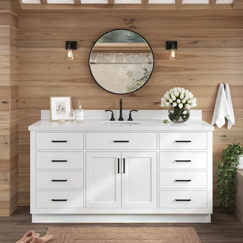 Vista 65 de ARIEL Hepburn - Tocador de baño de 30 pulgadas con fregadero, madera maciza, encimera y protector contra salpicaduras de cuarzo blanco puro de 1.5