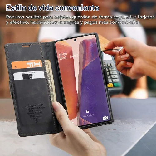 Vista 7 de Funda tipo cartera para Samsung Galaxy Note 20, piel sintética retro, cierre magnético, con ranuras para tarjetas, bolsillos para efectivo con Negro