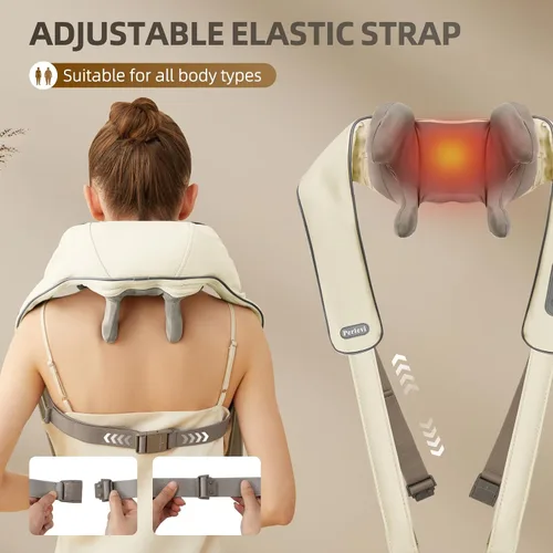 Vista 8 de Masajeador Shiatsu inalámbrico de cuello y hombros con calor - Masaje de amasamiento 6D, alivio del dolor de tejido profundo para trapecio, Beige-PVC