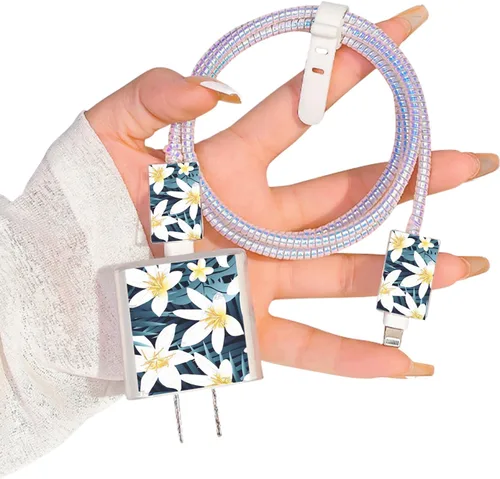 Vista 10 de Bonito protector de cable para cargador de Apple, bonito diseño de flores y mariposas, cable de datos USB, protector de cargador de teléfono