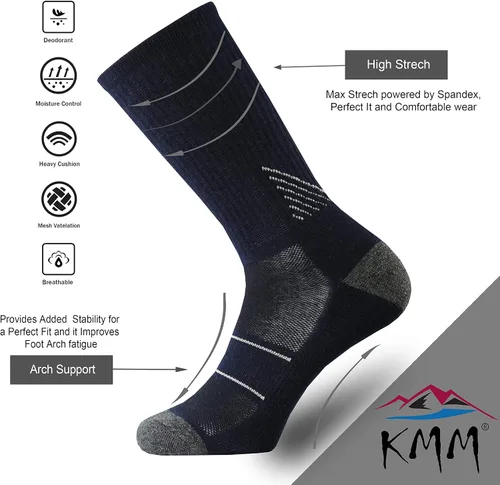 Vista 2 de KMM Calcetines acolchados de lana merino para hombre con control de humedad ligero y acogedor para senderismo, uso al aire libre, uso casual