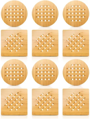 Vista 10 de Juego de salvamanteles de bambú para cocina, almohadillas calientes de bambú para platos calientes/cuencos/tetera/soportes para ollas calientes