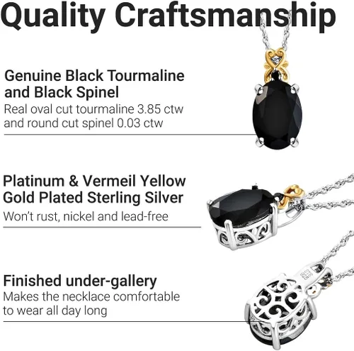 Vista 3 de Shop LC - Collar con colgante de turmalina negra, plata de ley 925 chapada en platino y oro amarillo vermeil con una piedra preciosa solitaria