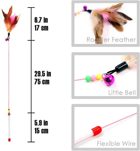 Vista 5 de MAIYU Juguete de varita de plumas para gatos, paquete de 3 unidades de alambre de acero, entrenamiento interactivo para gatos, campanas de cuentas
