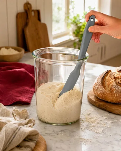 Vista 7 de Kichvoe Espátula de silicona para tarro – Espátula antiadherente para masa madre – Spurtle de goma estrecha gris resistente al calor cuchara
