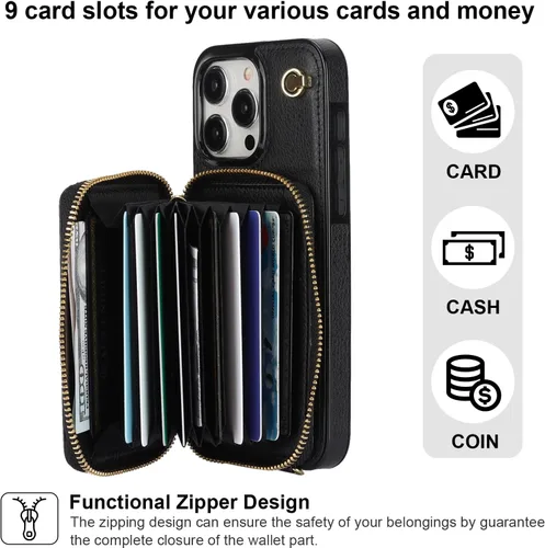 Vista 3 de Bocasal Funda tipo cartera cruzada para iPhone 15 Pro Max, funda de piel con bloqueo RFID y soporte para tarjetas, funda protectora con cremallera