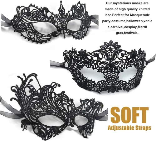 Vista 2 de MYMENU Máscaras de mascarada para mujer, de encaje, veneciano, Halloween, carnaval, para fiesta, disfraces, cosplay, Mardi Gras