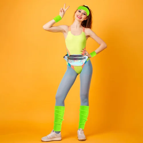 Vista 3 de ONUPGO Calentadores de piernas para mujer, accesorios de disfraces de los años 80, riñonera holográfica, calentadores de piernas de neón de punto