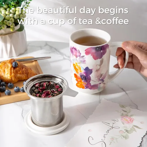 Vista 5 de AmorArc Taza de Té de Porcelana con Infusor y Tapas, Taza Grande de 18 Oz con Colador y Soporte para Bolsa para Té de Hojas Sueltas, Taza de Café