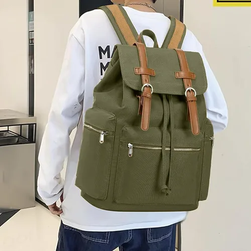Vista 5 de Bluboon Mochila vintage con ribete de cuero casual para hombres y mujeres, mochila de viaje para computadora portátil