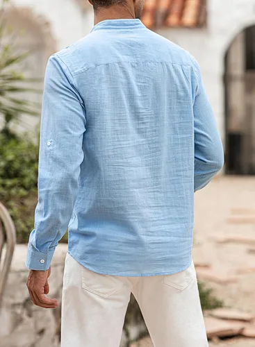 Vista 2 de JMIERR Camisa Henley de algodón y lino para hombre, estilo casual, hippie, de manga larga, con bolsillo