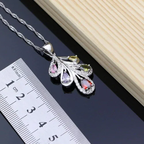 Vista 3 de Juego de joyas de plata 925 con circonita multicolor para mujer, aretes de boda con anillo de piedra, pulsera y collar de novia