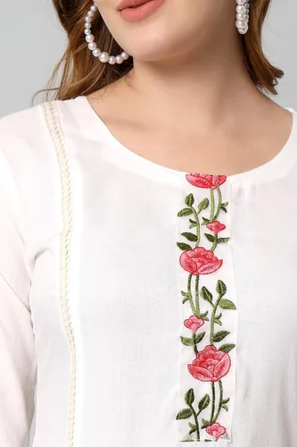 Vista 5 de Chandrakala Conjunto de pantalón Kurti de algodón bordado floral blanco para mujer (K222-P), Blanco-222
