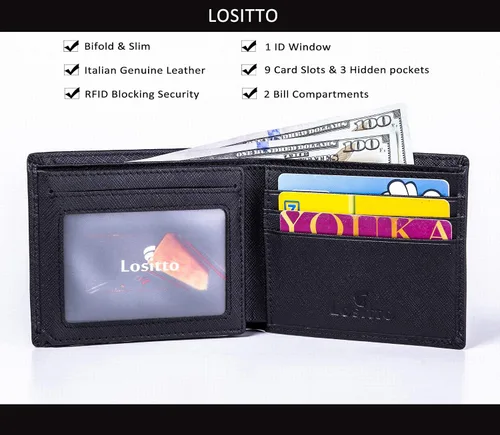 Vista 2 de Billetera Bifold para hombre - RFID bloqueo de cuero de vaca Vintage Travel Wallet