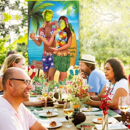 Vista 5 de Blulu Pancarta hawaiana de verano de 6 x 3 pies para fotos tropicales de Luau Tiki para parejas, decoración de fiesta hawaiana, decoración de fiesta