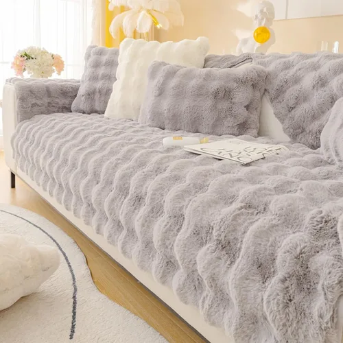 Vista 10 de Cojín grueso de felpa de conejo para sofá, fundas de cojín esponjosas para sofá, protector de muebles, funda de sofá antideslizante de piel