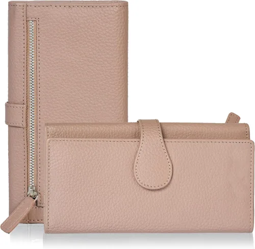Vista 12 de Cartera de cuero genuino para mujer de cuero con bloqueo RFID - Tarjetero triple de diseñador para damas tipo clutch con ventana de identificación