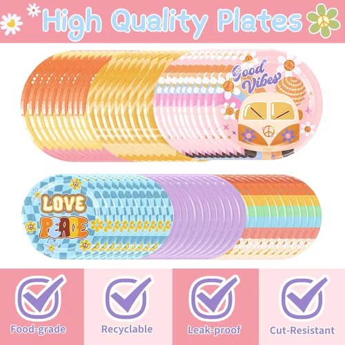 Vista 4 de Juego de vajilla de 120 piezas para fiesta de estilo bohemio hippie con margaritas que incluye platos, servilletas y tazas para decoración de fiesta
